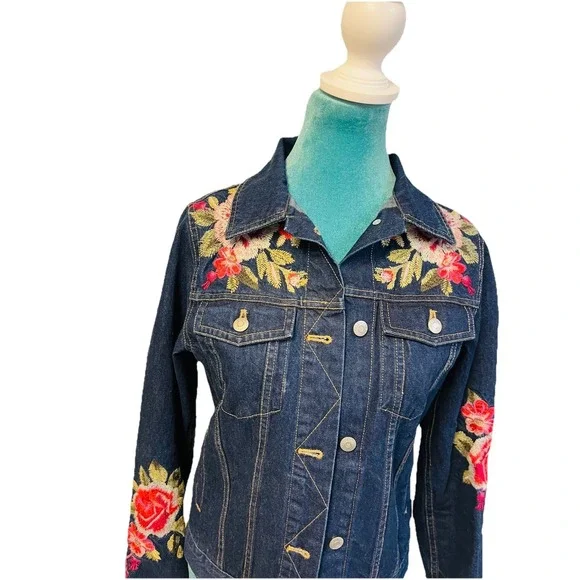 Johnny Was Desi Floral Embroidered Denim Jean Jacket Boho Size Extra Small - Picture 6 of 7